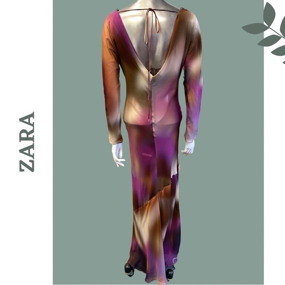 Zara Watercolor Floor Length Chiffon Evening Dress Backless Lined Size Large - Picture 5 of 9
